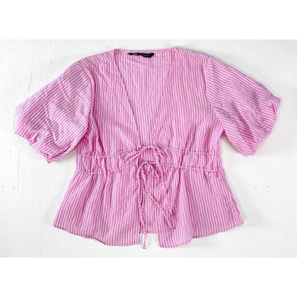 Zara Stripped top with ties Women's M | PINK Puff Sleeve 2298/165